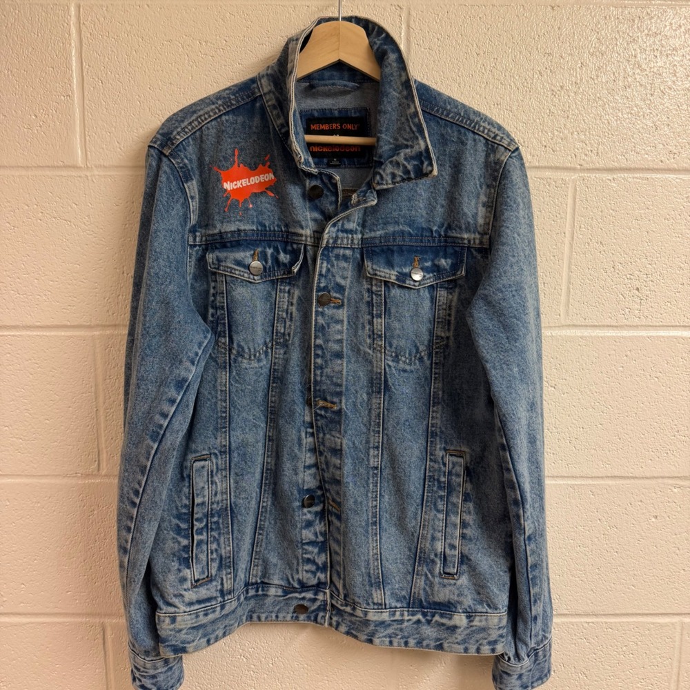 Members Only Mens Nickelodeon Graphic Denim Trucker Jacket M Blue 90s Cartoon
